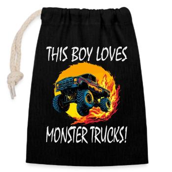 This Boy Loves Monster Trucks - Verschließbarer Geschenkbeutel aus Baumwolle (14x20cm) - Schwarz - Vorne