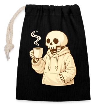 Cozy Skelett im Hoodie – Warme Pause - Verschließbarer Geschenkbeutel aus Baumwolle (14x20cm) - Schwarz - Vorne