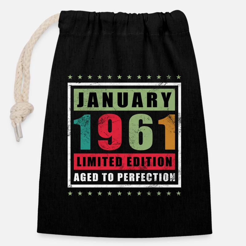 65e anniversaire Original janvier 1961 - Sac cadeau en coton avec cordon (14 x 20 cm) - noir