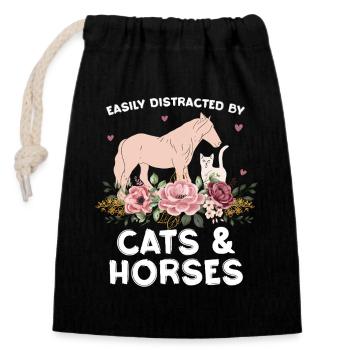 Cats & horses in flower arrangements - Closable cotton gift bag (14x20cm) - black - Front