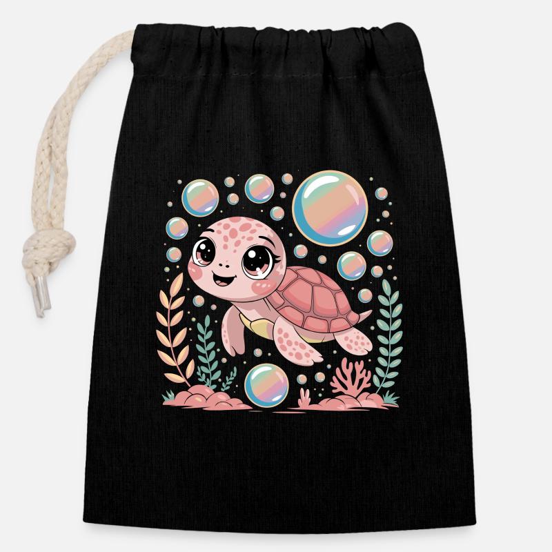 Petit tortue de mer mignon sous l’eau avec - Sac cadeau en coton avec cordon (14 x 20 cm) - noir