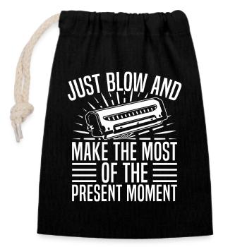 Harmonica Musican Just Blow & Present Moment - Closable cotton gift bag (14x20cm) - black - Front