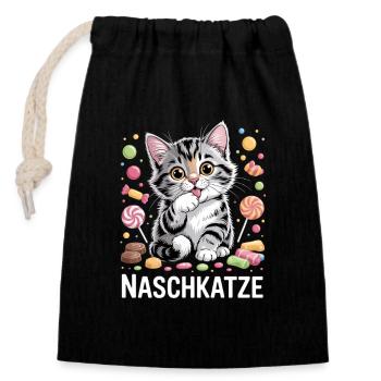 Sweet Cat with Candy Motif - Closable cotton gift bag (14x20cm) - black - Front
