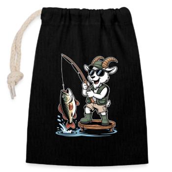Funny fishing goat with big catch at the lake - Closable cotton gift bag (14x20cm) - black - Front