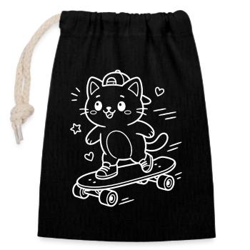 Skateboarding Kawaii Katze - Verschließbarer Geschenkbeutel aus Baumwolle (14x20cm) - Schwarz - Vorne