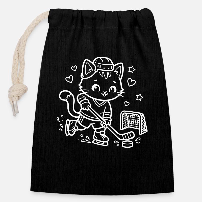 Kawaii Katze Eishockeyspieler - Closable cotton gift bag (14x20cm) - black
