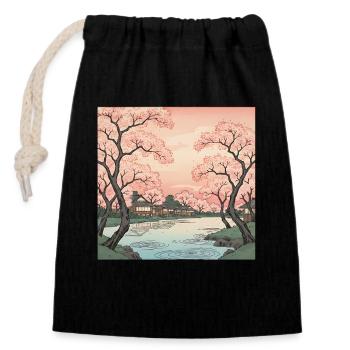 Traditioneller Japanischer Kirschblüten - Verschließbarer Geschenkbeutel aus Baumwolle (14x20cm) - Schwarz - Vorne