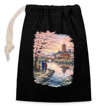Traditioneller Japanischer Kirschblüten - Verschließbarer Geschenkbeutel aus Baumwolle (14x20cm) - Schwarz - Vorne