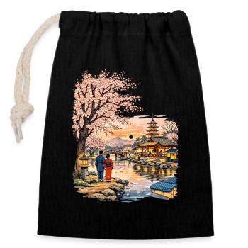 Traditioneller Japanischer Kirschblüten - Verschließbarer Geschenkbeutel aus Baumwolle (14x20cm) - Schwarz - Vorne