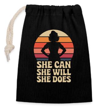 She Can She Will She Does Frauenpower Feminismus - Verschließbarer Geschenkbeutel aus Baumwolle (14x20cm) - Schwarz - Vorne