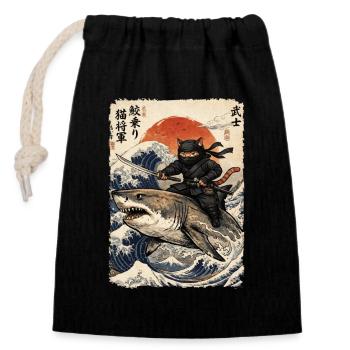 Ninja Cat, Japanese Warrior & Fighter, Shark - Closable cotton gift bag (14x20cm) - black - Front
