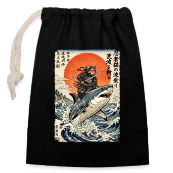 Ninja Cat, Japanese Warrior & Fighter, Shark - Closable cotton gift bag (14x20cm) - black - Front