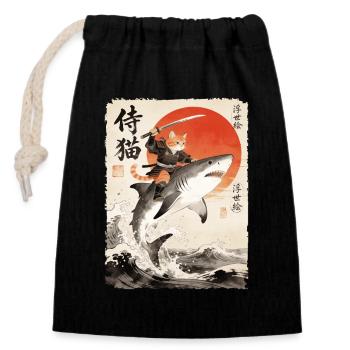 Samurai Cat, Japanese Warrior & Fighter, Shark - Closable cotton gift bag (14x20cm) - black - Front