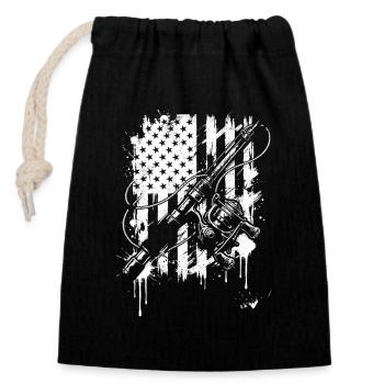 Canne à pêche grunge et graphique de drapeau - Sac cadeau en coton avec cordon (14 x 20 cm) - noir - Devant