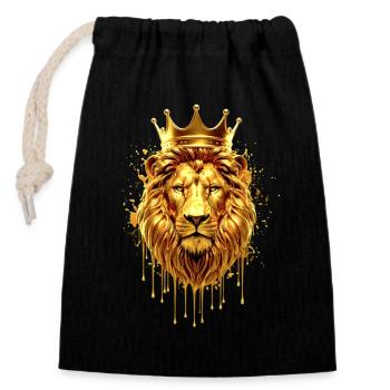 Löwe mit Krone Gold Optik – Majestätisch - Verschließbarer Geschenkbeutel aus Baumwolle (14x20cm) - Schwarz - Vorne