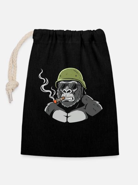 Gorilla Commando mit Zigarre - Verschließbarer Geschenkbeutel aus Baumwolle (14x20cm) - Schwarz
