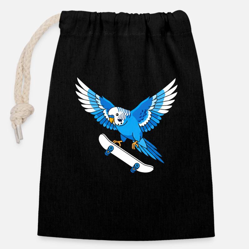 Blue parrot on skateboard - Closable cotton gift bag (14x20cm) - black