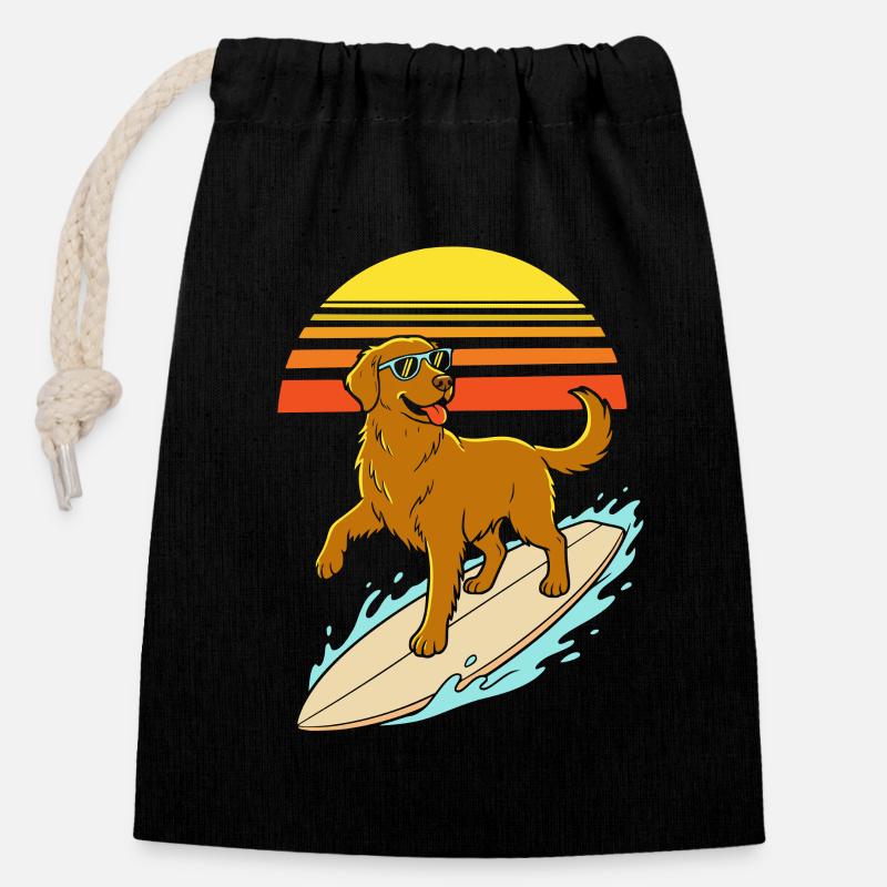 Chien surfeur à lunettes – style rétro de plage - Sac cadeau en coton avec cordon (14 x 20 cm) - noir