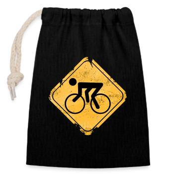 Bicycle symbol on yellow warning sign - Closable cotton gift bag (14x20cm) - black - Front