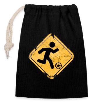Yellow warning sign soccer runner - Closable cotton gift bag (14x20cm) - black - Front