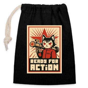 Retro Cat Commando: Bereit für den Einsatz - Verschließbarer Geschenkbeutel aus Baumwolle (14x20cm) - Schwarz - Vorne
