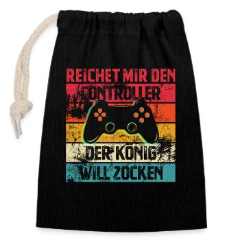 Reichet mir den Controller | Der König Will Zocken - Verschließbarer Geschenkbeutel aus Baumwolle (14x20cm) - Schwarz - Vorne