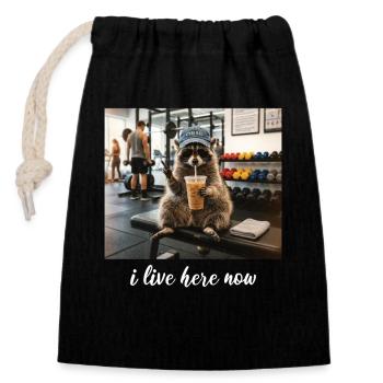 Ich wohne hier jetzt Waschbär-Gym-Workout - Verschließbarer Geschenkbeutel aus Baumwolle (14x20cm) - Schwarz - Vorne