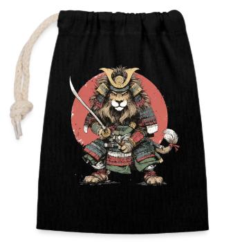 Lion Samouraï en armure - Sac cadeau en coton avec cordon (14 x 20 cm) - noir - Devant