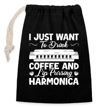 Harmonica Musican Just Want To Drink Coffee - Closable cotton gift bag (14x20cm) - black - Front