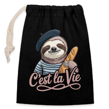 Faultier T-Shirt C’est La Vie Französisches Motiv - Verschließbarer Geschenkbeutel aus Baumwolle (14x20cm) - Schwarz - Vorne