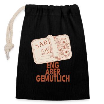 Eng aber gemütlich Sardinen Design - Verschließbarer Geschenkbeutel aus Baumwolle (14x20cm) - Schwarz - Vorne