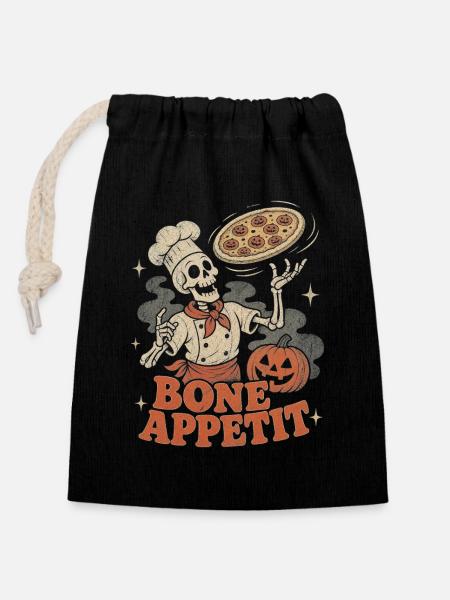 Halloween Skelett Pizza Koch Retro - Verschließbarer Geschenkbeutel aus Baumwolle (14x20cm) - Schwarz