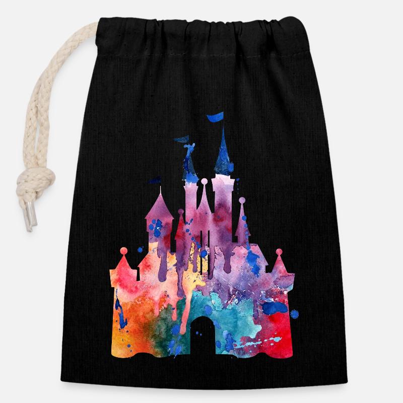 Aquarelle Princesse Château - Sac cadeau en coton avec cordon (14 x 20 cm) - noir
