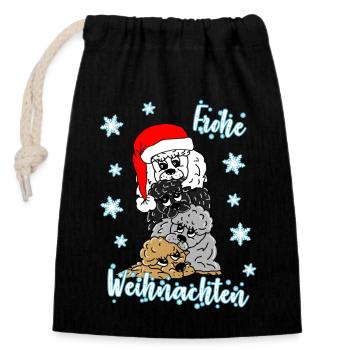 Merry Christmas süße Pudel mit Weihnachtsmütze - Verschließbarer Geschenkbeutel aus Baumwolle (14x20cm) - Schwarz - Vorne