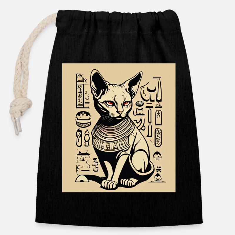 Pochoir de chat Egypy - Sac cadeau en coton avec cordon (14 x 20 cm) - noir
