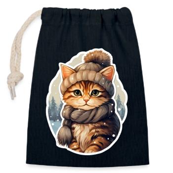 Chat en hiver - Sac cadeau en coton avec cordon (14 x 20 cm) - bleu marine - Devant