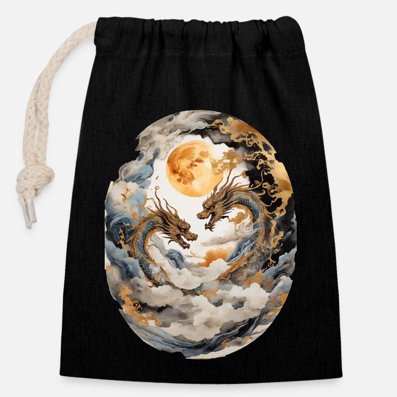 Japanese Dragons - Closable cotton gift bag (14x20cm) - black