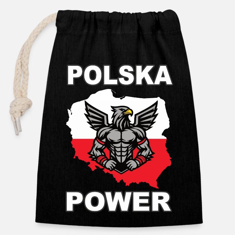 Polska Power, Cool Poland Design avec White Eagle - Sac cadeau en coton avec cordon (14 x 20 cm) - noir