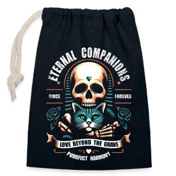 Compagnons éternels Crâne et chaton - Sac cadeau en coton avec cordon (14 x 20 cm) - bleu marine - Devant