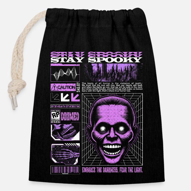 Restez Spooky Ghost Blanc & Lilas Saison d’Halloween - Sac cadeau en coton avec cordon (14 x 20 cm) - noir