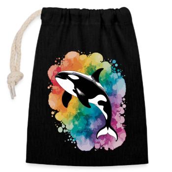 Regenbogen-Orca: Majestät der Meere - Verschließbarer Geschenkbeutel aus Baumwolle (14x20cm) - Schwarz - Vorne