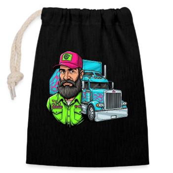 Tough road, cool guy: Your trucker design! - Closable cotton gift bag (14x20cm) - black - Front