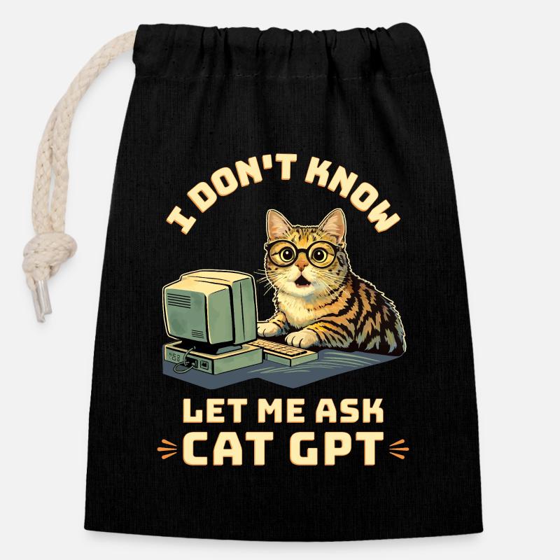 IA drôle de Cat GPT - Sac cadeau en coton avec cordon (14 x 20 cm) - noir