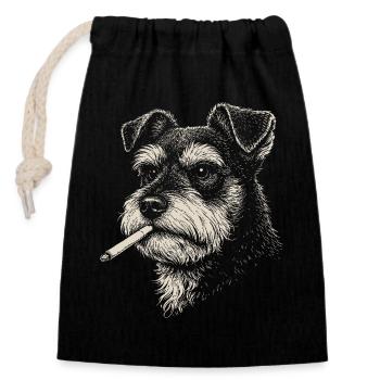 Dog portrait of Schnauzer with cigarette - Closable cotton gift bag (14x20cm) - black - Front