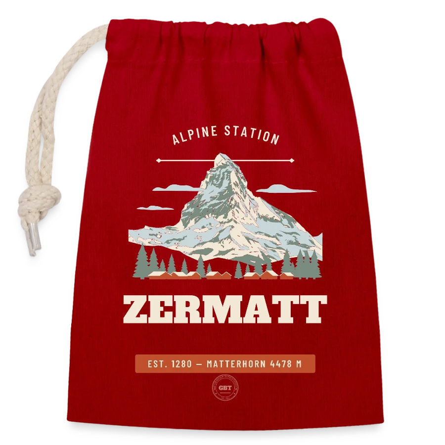 Zermatt badge on a closable cotton gift bag (14x20cm), red