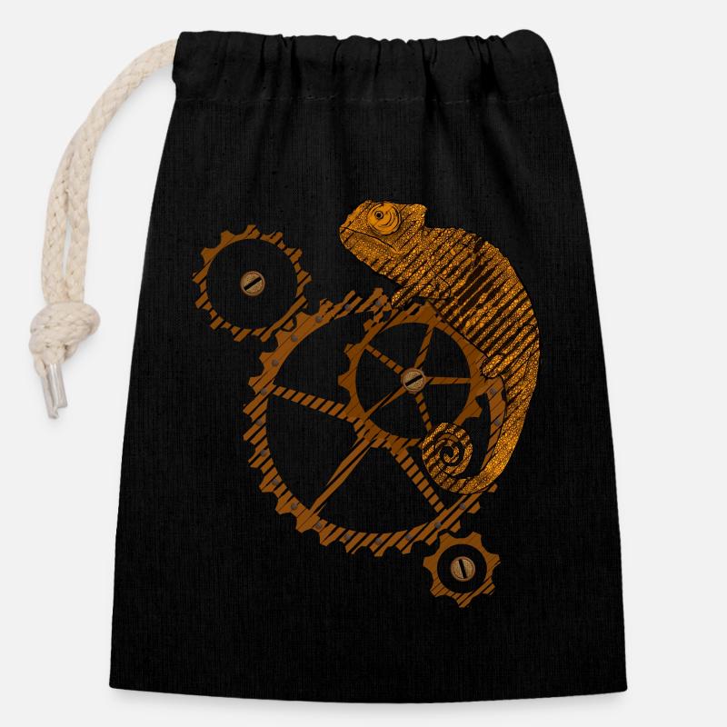 Steampunk Chamäleon - Verschließbarer Geschenkbeutel aus Baumwolle (14x20cm) - Schwarz