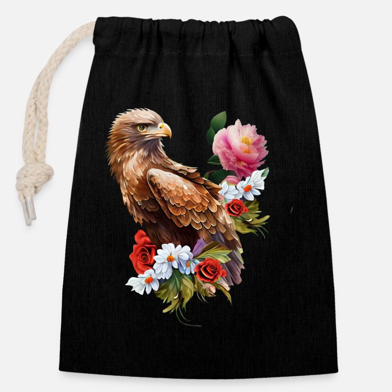 Merveilleux aigle avec des fleurs. - Sac cadeau en coton avec cordon (14 x 20 cm) - noir