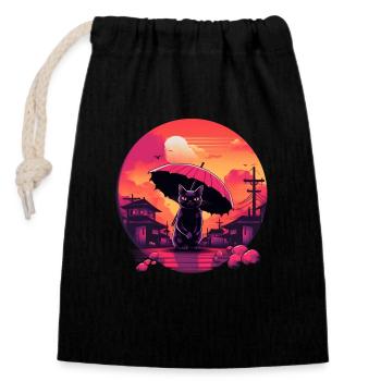 Synthwave japan Cat with umbrella - Verschließbarer Geschenkbeutel aus Baumwolle (14x20cm) - Schwarz - Vorne