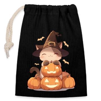 Cute Halloween cat with carved pumpkin - Closable cotton gift bag (14x20cm) - black - Front