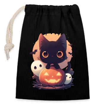 Cute Halloween cat with pumpkin and ghosts - Closable cotton gift bag (14x20cm) - black - Front